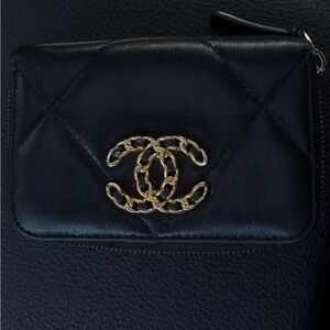 CHANEL Black Leather Wallet with Gold Logo